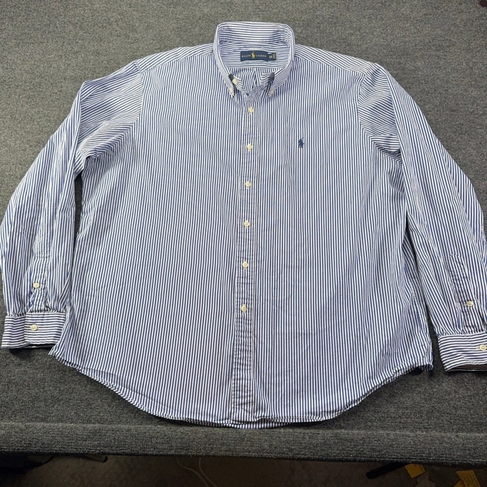 Ralph Lauren Mens XXL Blue White Striped Button Down Shirt Long Sleeve Pony Logo